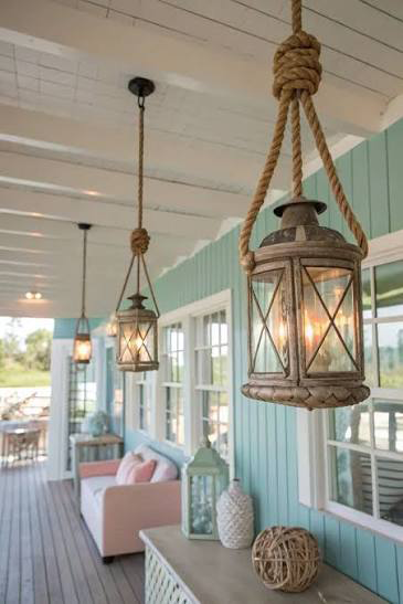Porch lantern pendants on rope over a coastal veranda
