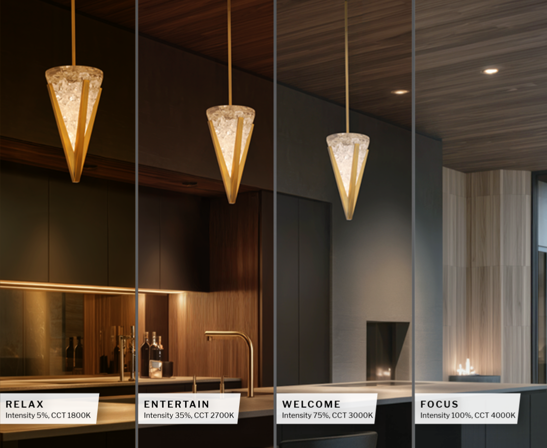 Same kitchen pendant shown at four color temperatures from 1800K relax to 4000K focus