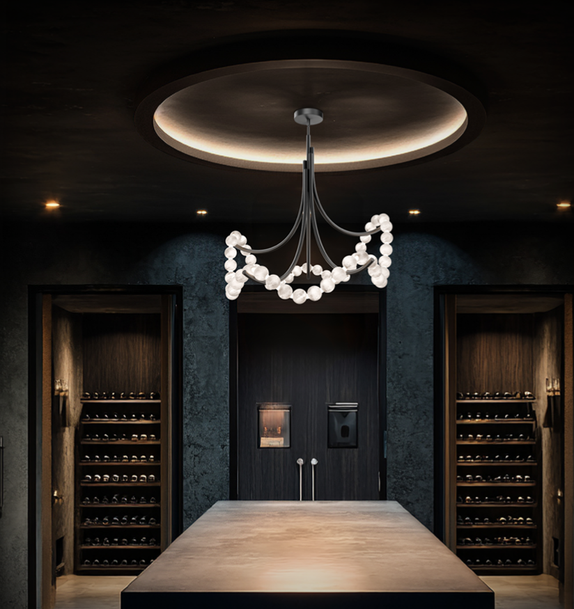 Warm candle-style bulbs in a sculptural chandelier