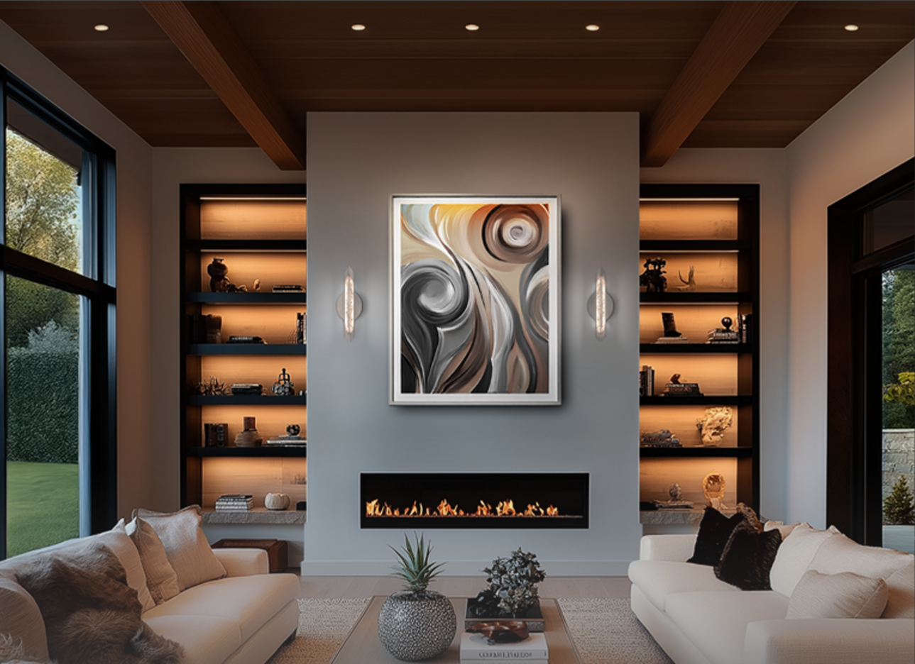 Living room with layered accent lighting on art, shelves, and sconces showing coordinated metal finishes