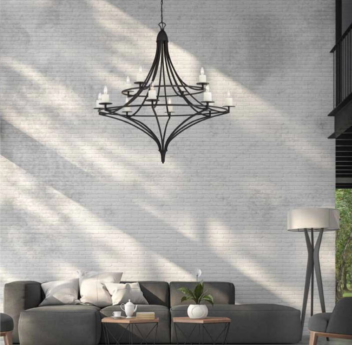 Black candelabra chandelier with floor lamp — ambient plus task layers