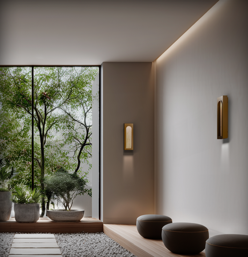 Minimalist room with cove lighting and brass wall sconces at multiple heights