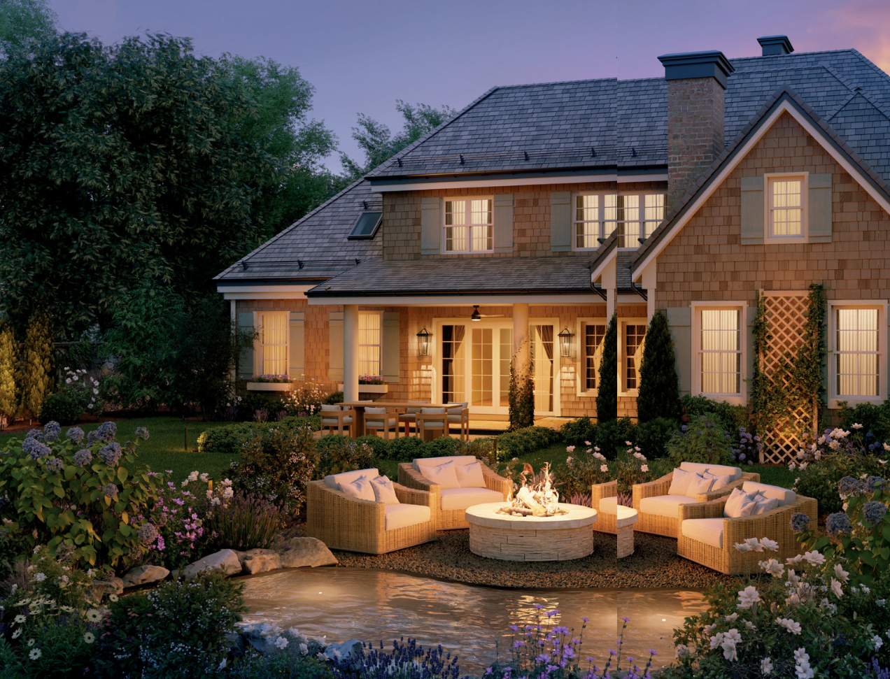 Home exterior at dusk with layered path lights, wall sconces, accent uplights, and warm landscape lighting