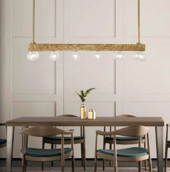 Single linear gold fixture with multiple globes over a rectangular dining table